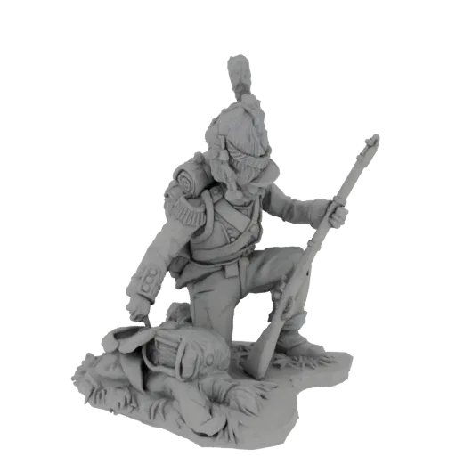 3D model of a Napoleonic soldier kneeling with a musket, wearing a shako and backpack, on a textured base.