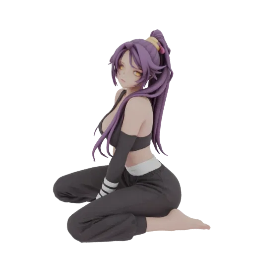 3D model of an anime girl with purple hair, wearing a black sports bra and track pants, posing on a black background.