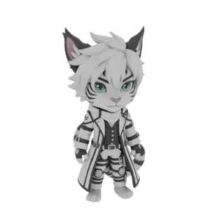 Modelo 3D de un guerrero tigre blanco chibi con ojos verdes, vistiendo un abrigo y chaleco blancos y negros, de pie contra un