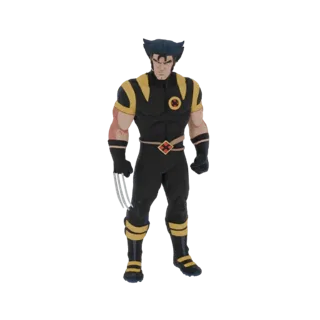 3D model of Wolverine in his classic yellow and black suit, with adamantium claws extended, standing ready for action.