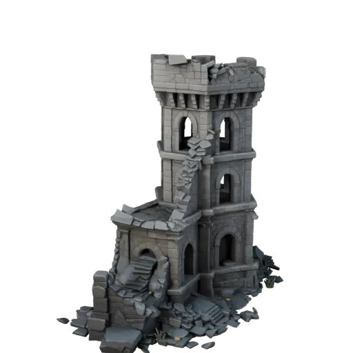 Ruined Tower Base Unreal Engine 3D model, top-down viewport view, showing aged stone, built remnants.