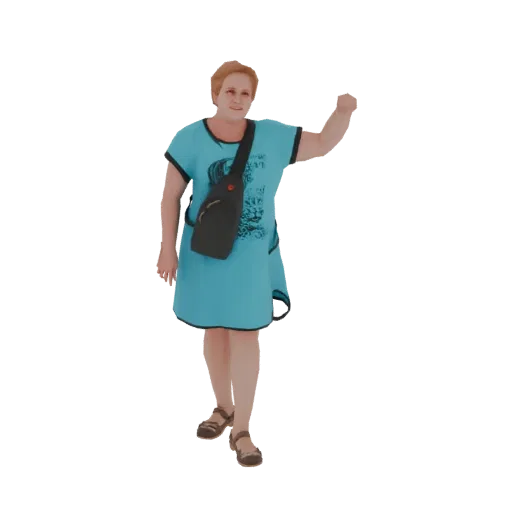 3D model of a woman with blonde hair wearing a blue dress and a black sling bag, striking a dynamic pose with her arm raised.