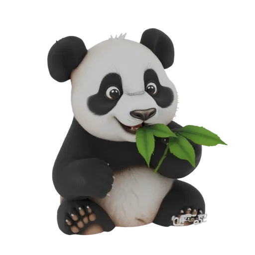 A 3D render of a cute cartoon panda sitting and eating a bamboo stalk, with green leaves.