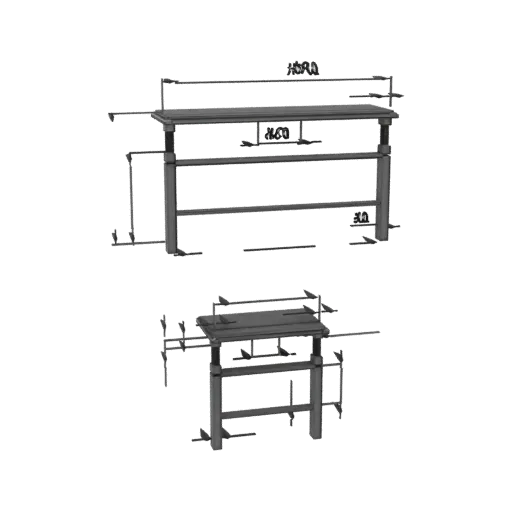 3D model of a gray industrial vibrating table with a metal frame and vibrating surface, shown from a slightly elevated angle.