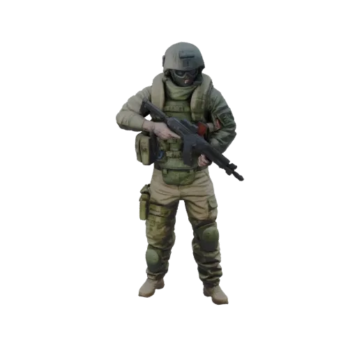 Modelo 3D de um Operador PMC Pesado em equipamento tático segurando um rifle de assalto, isolado em fundo branco.