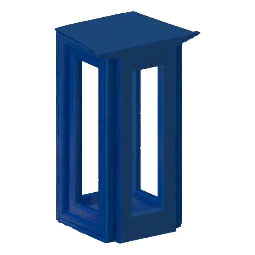 A 3D render of an ornate blue rectangular display pedestal with layered trim and a hollow interior, set against a white backg