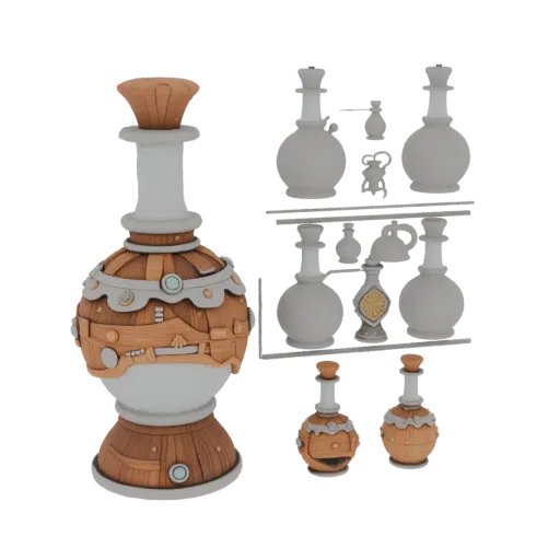 Fantasy Potion Bottle Printable 3D model, isometric STL render, showing aged wood, clear pickup silhouette.