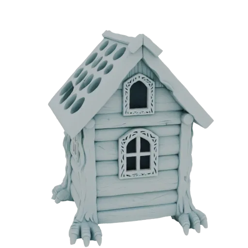 3D model of a whimsical log cabin with a mushroom cap roof and tree-like legs, set against a black background.