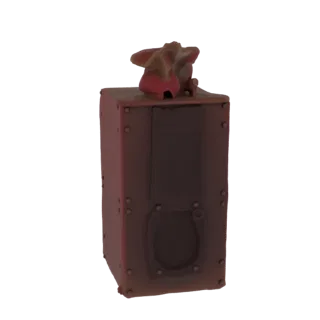 3D model of a steampunk lantern with a dragon figurine on top, featuring a dark red, riveted body and a circular front panel.
