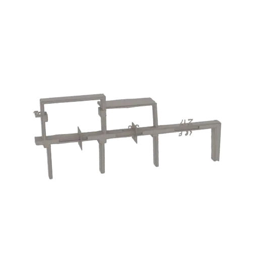 3D model of a gray industrial gantry crane with a visible measuring scale, set against a white background.