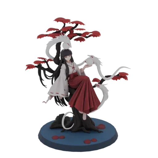 3D model of a Miko figure in traditional Japanese attire, sitting on a stylized dragon-shaped tree with red leaves, holding a