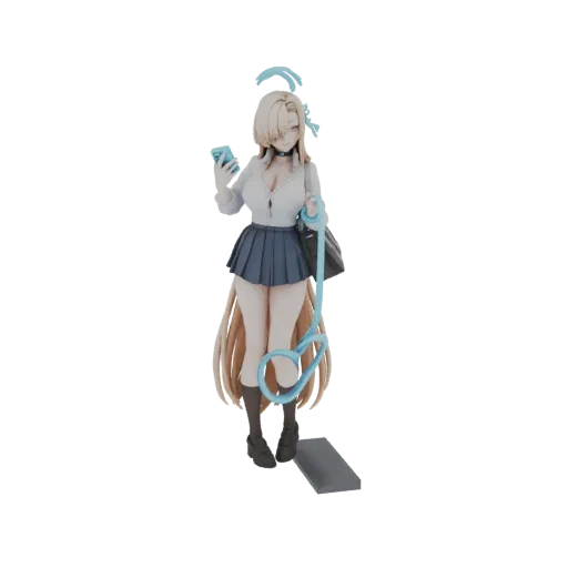 3D model of an anime schoolgirl in a uniform with a halo, holding a smartphone and a bag, standing on a small platform.