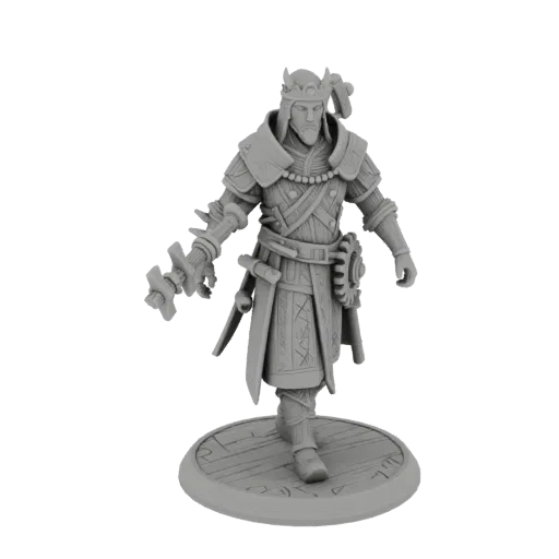 Figurine STL Druide Médiéval, rendu de table en trois quarts, figurine de lanceur de sorts imprimable en résine avec pose deb