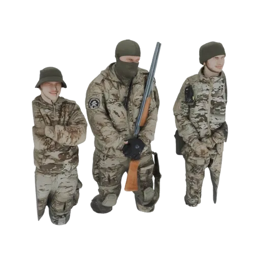 3D model of three soldiers in camouflage uniforms, one holding a rifle, against a white background.