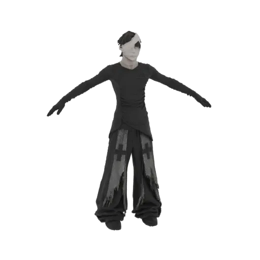 Modello 3D di un uomo gotico con bende sulla testa e moda distressed, in posa T.