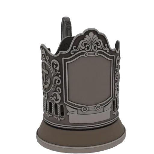 3D model of an ornate cup holder with a detailed anchor emblem and decorative scrollwork, presented on a white background.