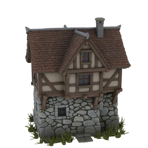 Modèle 3D maison village style Warcraft III avec colombages, base en pierre et toit en tuiles.