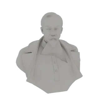 Renderizado de modelo 3D de un busto clásico de un caballero con bigote, vistiendo cuello alto y atuendo formal.