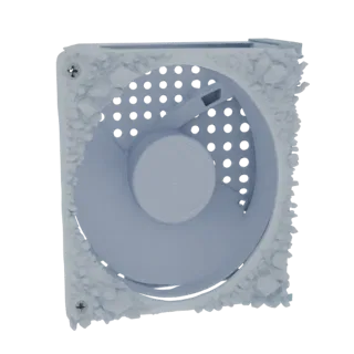 Modelo 3D de rejilla para ventilador de PC con textura realista de hielo roto cubriendo su marco
