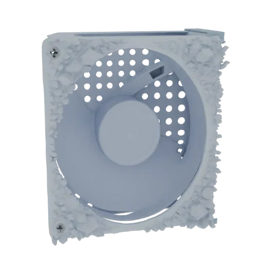 3D model of a computer fan grill with a realistic cracked ice texture covering its frame