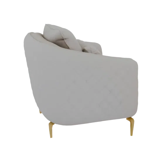 Side view of a 3D model of a tufted accent armchair with gold legs, rendered on a black background.