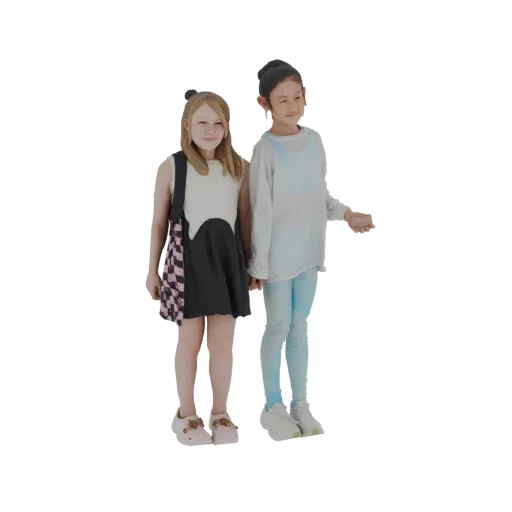 3D model of two young girls, one with blonde hair in a black and white dress, the other with dark hair in a blue outfit, stan