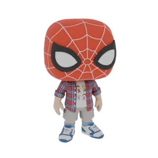 Modèle 3D de Spider-Man dans un style Funko Pop décontracté, portant une chemise à carreaux et un short, avec son masque roug