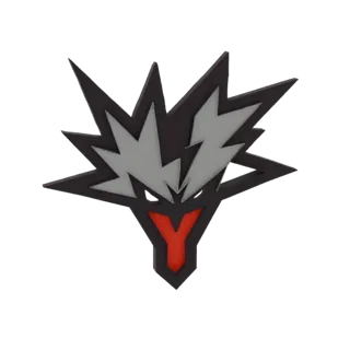 Modelo 3D de una cabeza de lobo estilizada con un aura explosiva y dentada en negro, gris y rojo.