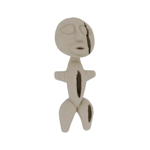 3D model of an ancient tribal idol with a textured, light-colored surface and dark, contrasting inlays on the face and body.