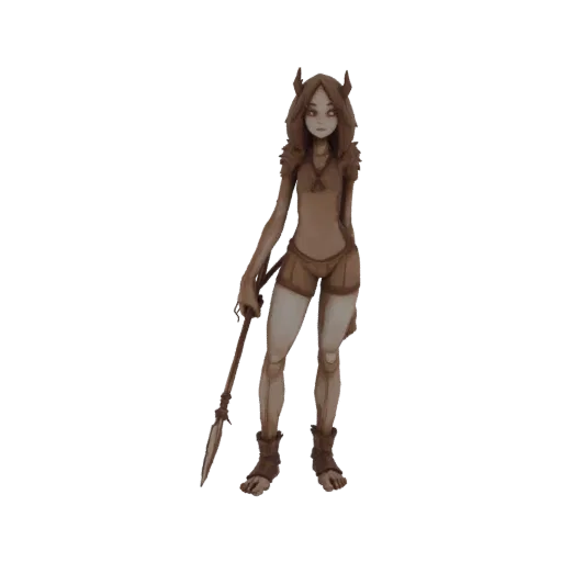 3D model of a fantasy forest dweller with horns, holding a spear, rendered in earthy tones.