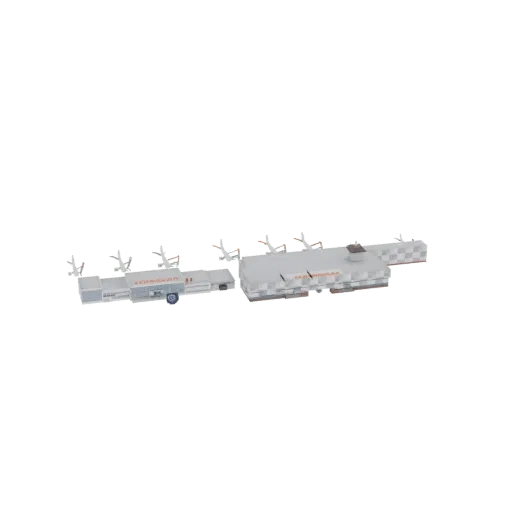 3D model of a modern airport terminal building with a baggage tug parked nearby, showcasing contemporary architecture.