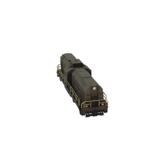 3D-Modell-Rendering einer dunkelgrünen Diesellokomotive aus einer Dreiviertelansicht, die ihr detailliertes Design und ihre r