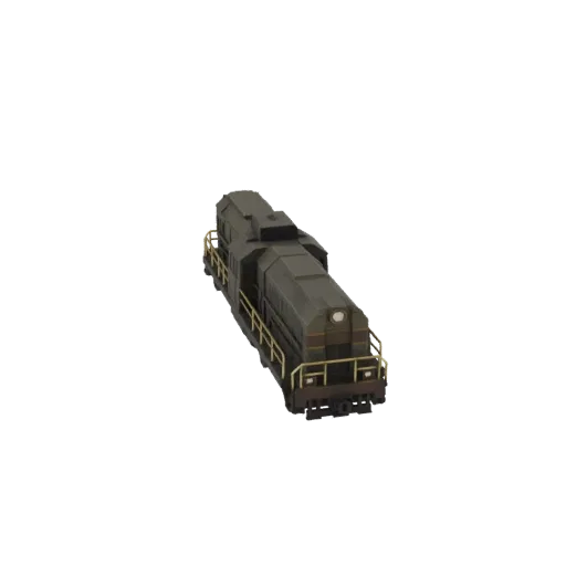 Renderização do modelo 3D de uma locomotiva diesel verde escuro vista de um ângulo de três quartos, mostrando seu design deta