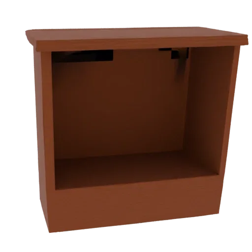 A 3D render of a modern wooden shelf unit with a single horizontal shelf and an open back, presented against a black backgrou