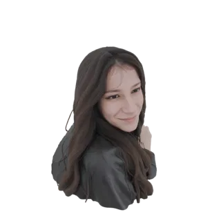 Modelo 3D mujer joven cabello oscuro, chaqueta negra, mirando por encima del hombro con sonrisa.