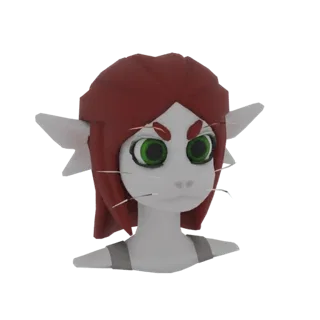 3D render of a stylized cat-like creature with red hair, green eyes, and white whiskers, wearing grey straps.