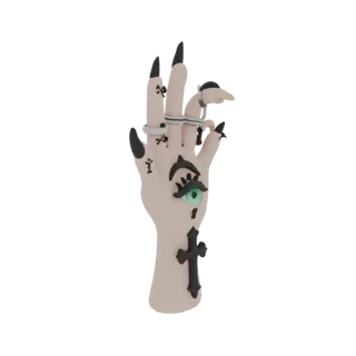 3D-Modell einer Frauenhand mit mystischem Auge, gotischen Kreuzen und scharfen Klauen, stilisiert als Pop-Art-Spielzeug.