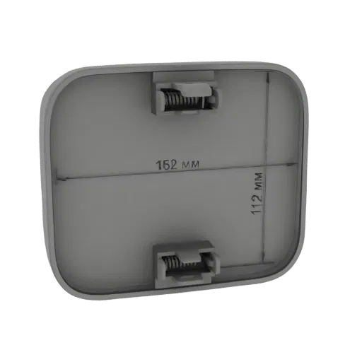 3D render of a rectangular cover with two spring clips and dimension lines showing 152mm and 112mm.