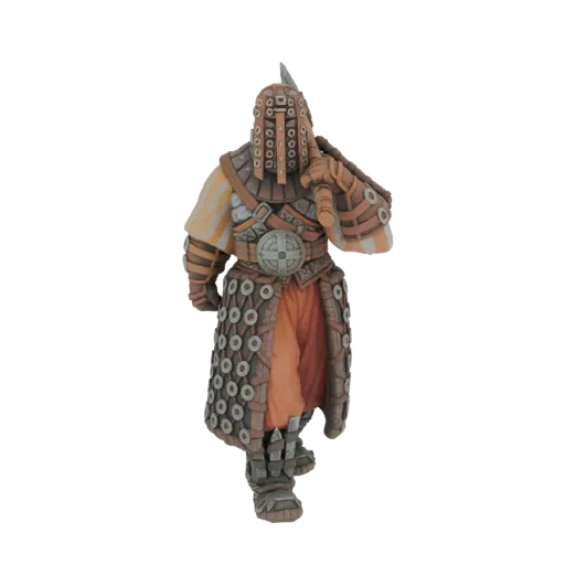 3D model of an Oseram Forgesmith, a fantasy character in detailed armor, carrying a weapon over its shoulder.