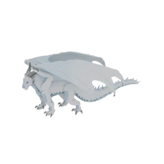 Modello 3D di un maestoso drago bianco con le sue grandi ali traslucide spiegate, in piedi sulle quattro zampe.