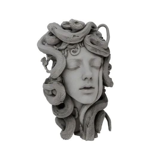 Modelo 3D de la cabeza de Medusa con ojos cerrados y cabello hecho de serpientes entrelazadas, renderizado con una textura si