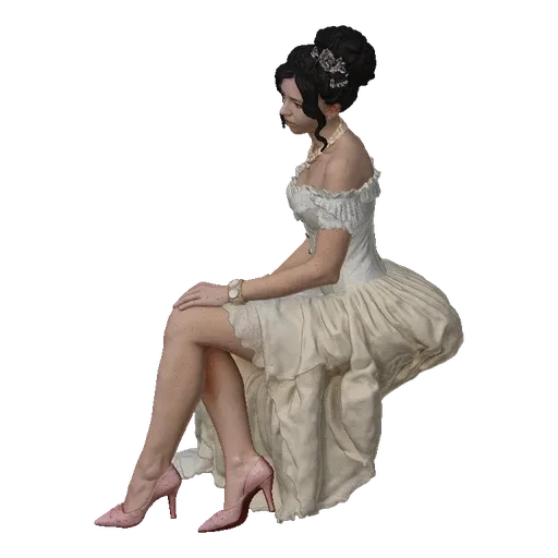 3D model of a woman in a white Victorian ball gown sitting gracefully, with her hands on her lap and a serene expression.