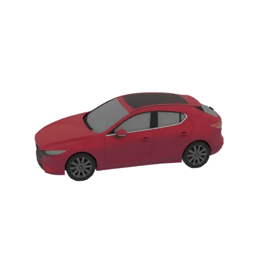 Modelo 3D de un Mazda 3 hatchback rojo visto desde un ángulo de tres cuartos sobre un fondo blanco.