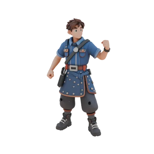 Male character 3D model in blue uniform, standing in combat stance