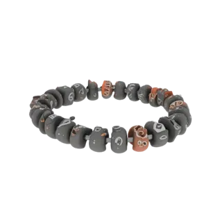 3D model of a bracelet with grey beads decorated with white patterns and bright orange inserts with ornate designs.