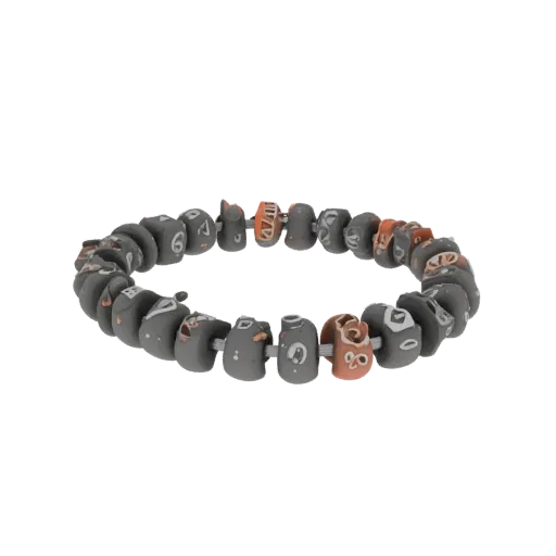 3D model of a bracelet with grey beads decorated with white patterns and bright orange inserts with ornate designs.