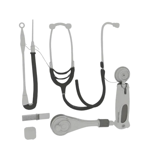 Dental Stethoscope 3D model, three-quarter front view, AR viewer studio render, showing stainless steel, form detail.