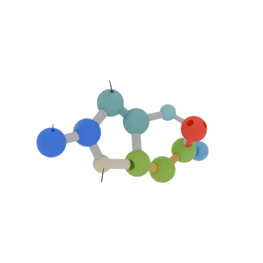 Klassenraum-Proteinkette druckbares 3D-Modell, isometrische STL-Renderung, mit farbigen Kugeln, Molekül-Layout.