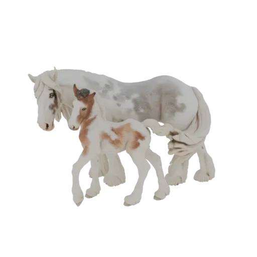 3D model of a white and grey spotted mother horse standing behind a brown and white spotted foal.