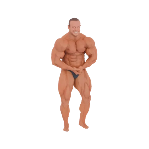 3D model of a muscular bodybuilder with defined muscles, smiling and flexing his biceps.
